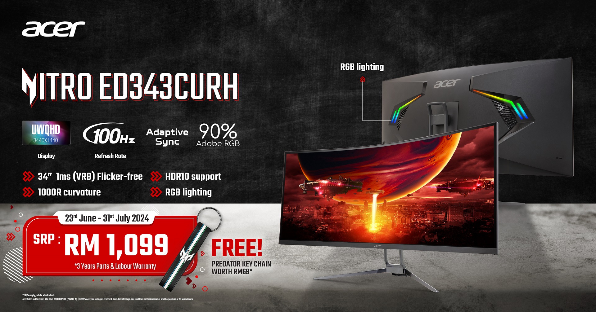 Acer Launches New 34″ 1440p Nitro Curved Ultrawide Monitor in Malaysia for RM1,099